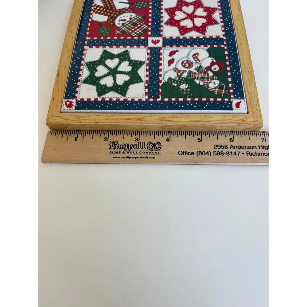 Hallmark Christmas Snowman Patchwork Quilt Framed Ceramic Trivet Thailand 7in